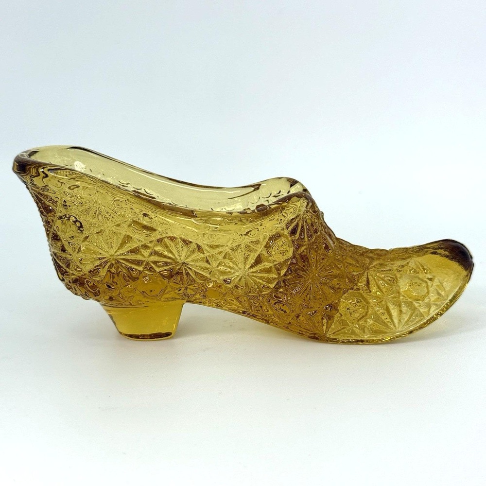 Vintage Amber Daisy & Button Glass Shoe Slipper Heeled Boot‎ Collectible 4.5" - Picture 6 of 10